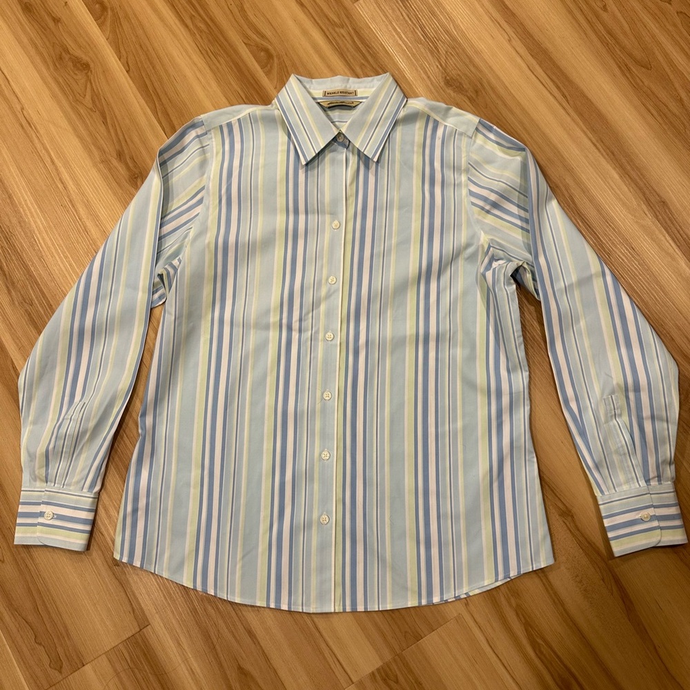 Eddie Bauer women’s button up striped shirt, size L, blue/white/green